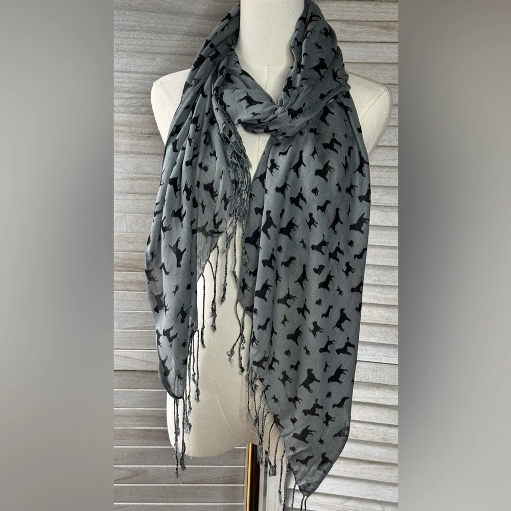 Dog Speak Gray Scarf Black Dog Print Fringe Wrap OS Cute Cozy Gift Trendy